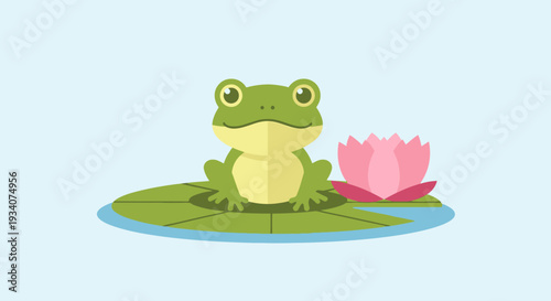 Cartoon frog on lily pad next to a lotus flower in calm water