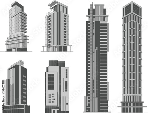 Modern high rise building collection, contemporary skyscraper architecture vector illustration isolated on white background for urban design