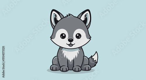 Cartoon illustration of a cute wolf cub with a friendly expression on blue