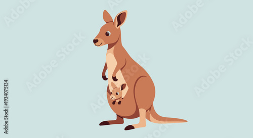 Cartoon kangaroo with joey in pouch on light blue background