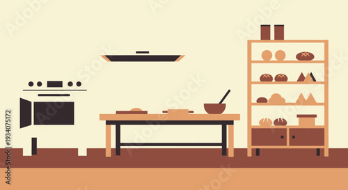 Cartoon kitchen scene with oven table shelf and food ready for baking