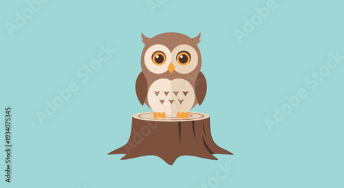 Cartoon owl perched on a tree stump against a light blue backdrop