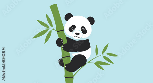 Cartoon panda bear climbing bamboo stalk against blue sky background