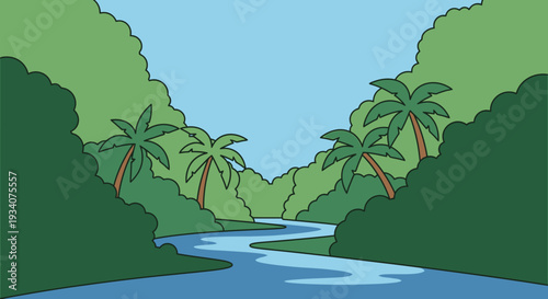 Cartoon river flows through vibrant green jungle landscape with palm trees
