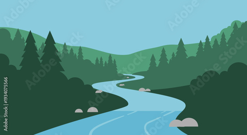 Cartoon river winding through a green forest landscape on a sunny day