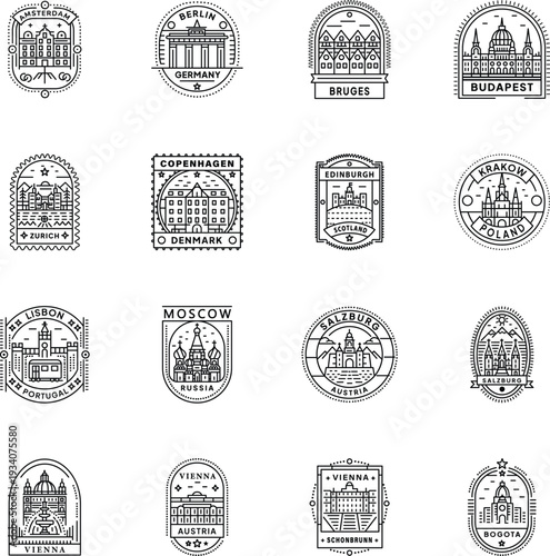 Latest Set of Travel Regions Stamps in Linear Style 

