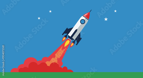 Cartoon rocket ship launching into space against a blue sky background