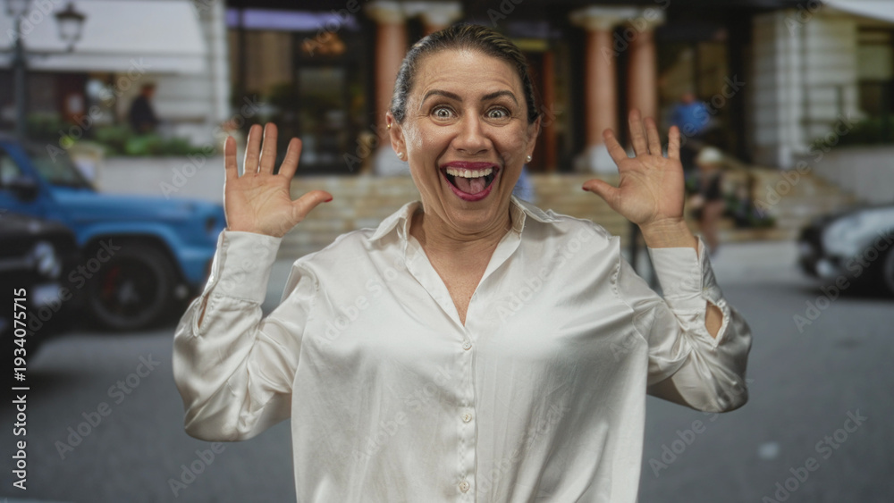 Fototapeta premium Middle aged woman in white shirt with hands raised and broad smile on busy city street; happy surprise.