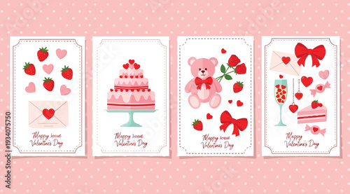 Collection of four valentines day greeting cards with sweet treats and decorations on white background