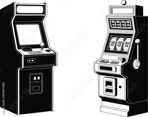 Retro arcade machine and slot machine illustration, vintage gaming cabinets isolated vector on white background