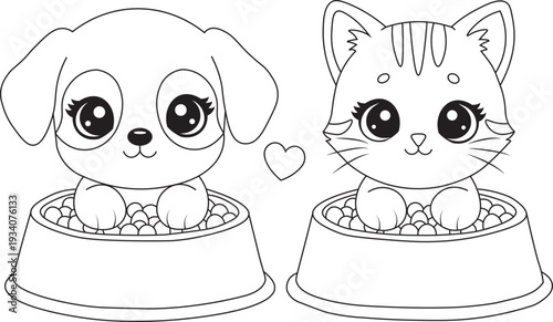 Cute Puppy and Kitten Adorable Kawaii Pet Coloring Page Vector Illustration