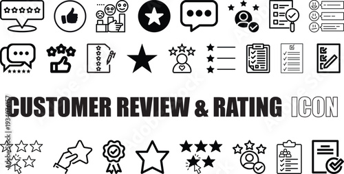 Customer Review & Rating Icon Set Star Ratings, Feedback, Score, Evaluation.