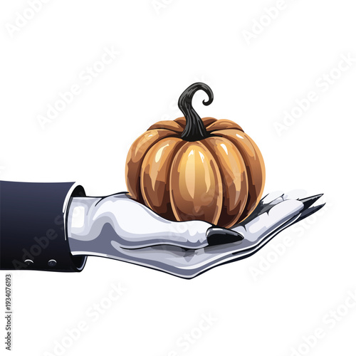Gloved hand holding a ripe pumpkin illustration