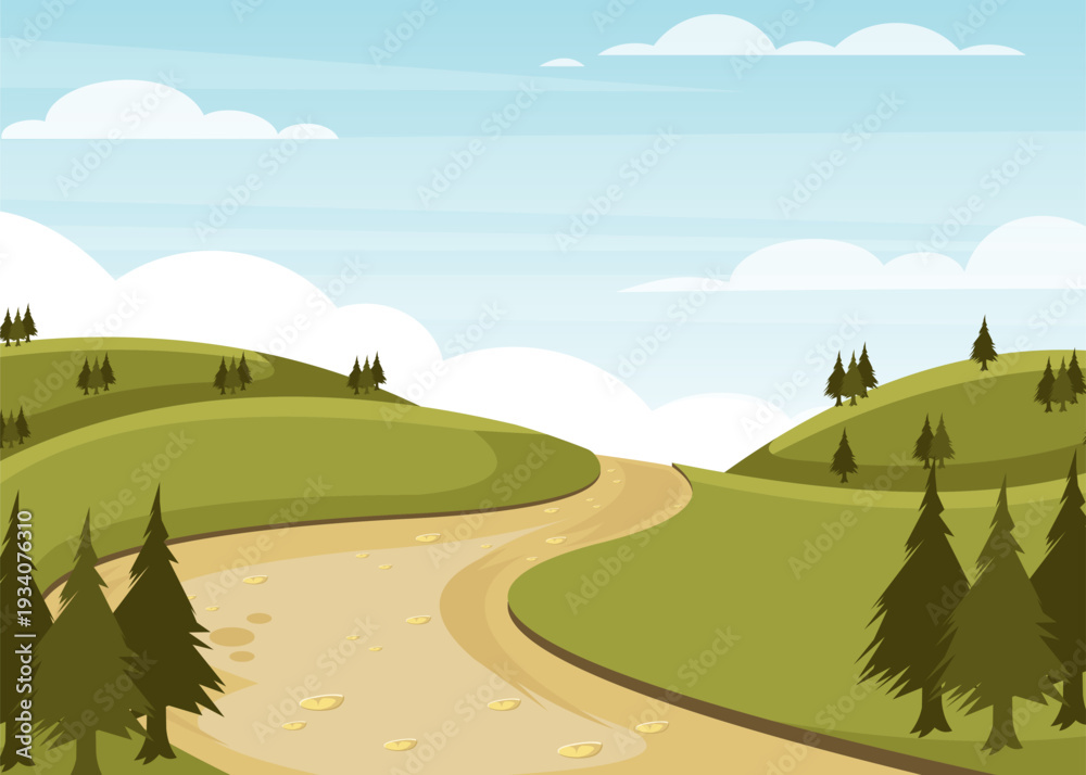 Fototapeta premium Winding dirt road through green hills and trees landscape stock illustration.