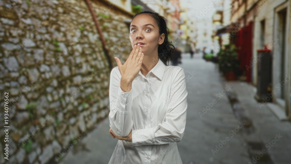 Fototapeta premium Woman young hispanic wearing white shirt with arms crossed, hand to lips blowing kiss in a narrow stone street alley with blurred passersby and potted plants; playful.