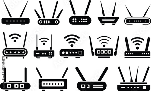 WiFi router icon set, wireless internet modem silhouette collection for network technology and connectivity concept design
