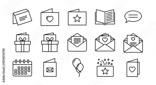 Collection of line icons for communication and celebration including gifts letters and social media symbols