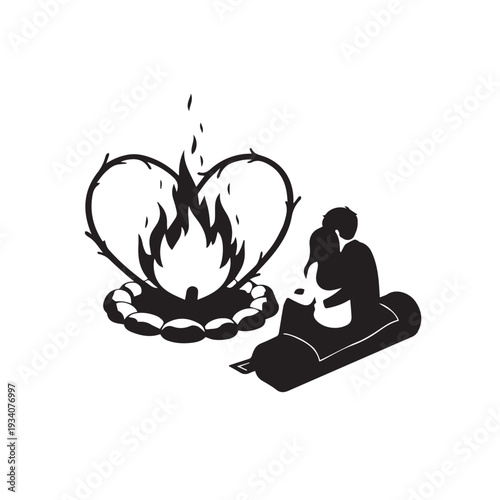 Silhouette of a person meditating beside a campfire with heart shaped flames.