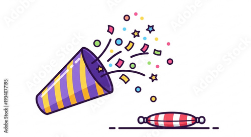 Colorful party popper exploding with confetti and stars on white background