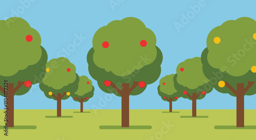 Cartoon trees with red and yellow fruits on grass field under blue sky