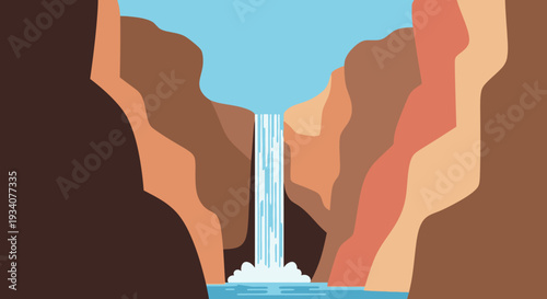 Cartoon waterfall cascading between rock formations under a clear blue sky