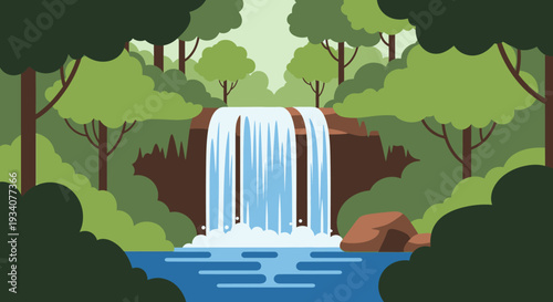 Cartoon waterfall scene with lush greenery and forest landscape