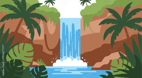 Cartoon waterfall scene lush greenery and refreshing water in a tropical setting