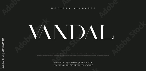 Modern alphabet typography with Vandal font on black background