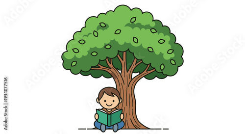 Child reading book under tree illustration isolated on white background