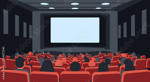 Cinema auditorium scene with audience watching projection screen illustration