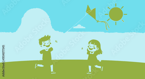 Children playing with a kite outdoors under a bright sun illustration