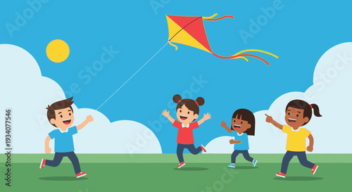 Children playing with a kite in a sunny outdoor setting with copy space