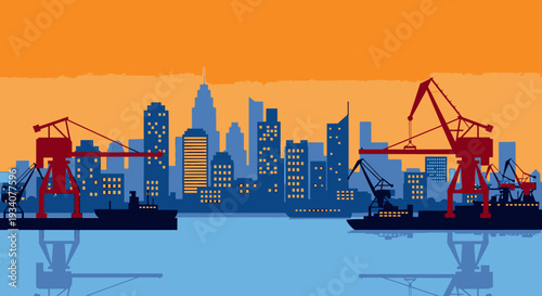 City skyline with cranes and ships vector illustration at sunset