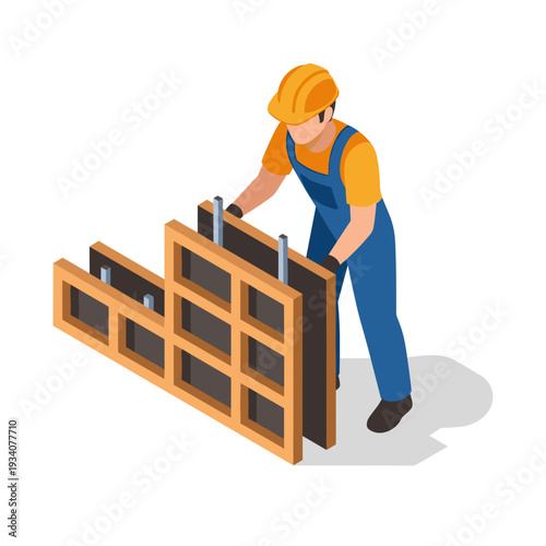 Construction Worker Assembling Wooden Panel.