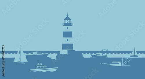 Coastal lighthouse and various boats illustration in a monochromatic blue