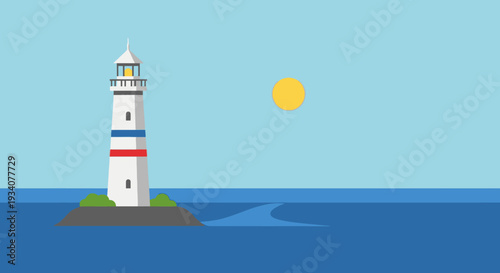 Coastal lighthouse illustration guiding light symbol on blue sea background