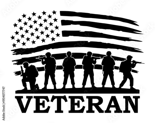 Honoring Military Veterans Silhouette With USA American Flag Background, Patriotic Soldiers Troops Memorial Day And Veterans Day Art