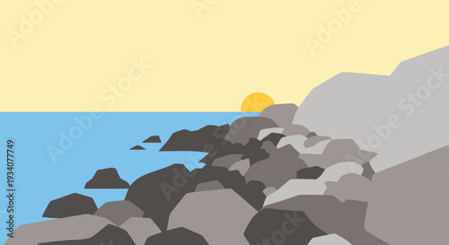 Coastal scene illustration featuring ocean rocks and sunrise minimalist design