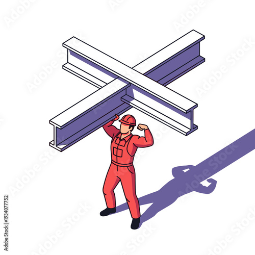 Construction Worker Carrying Heavy Steel Beam.