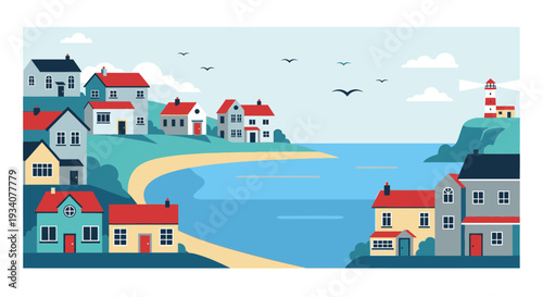 Coastal village illustration with houses sea and lighthouse vector design