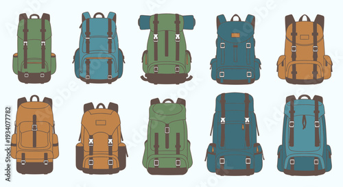 Collection of colorful backpacks in flat design for travel and adventure