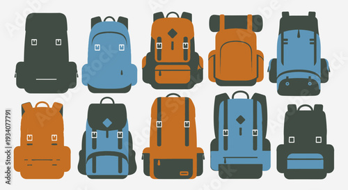 Collection of colorful backpacks in vector style for travel and adventure