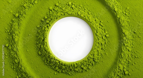 Circular frame made of green matcha powder on white background