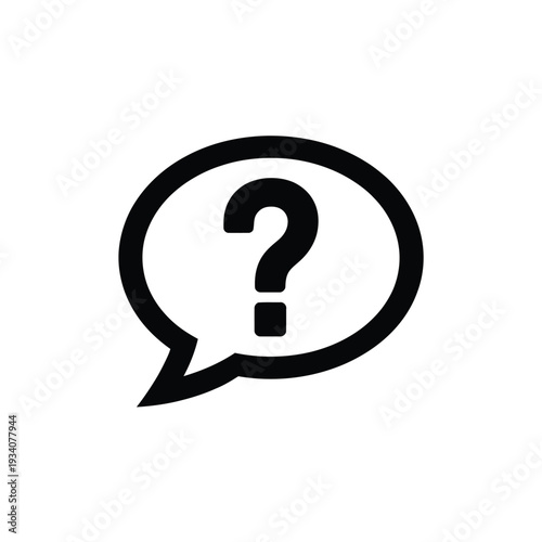 A simple black and white illustration of a question mark in a speech bubble