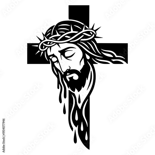 Jesus Christ With Crown Of Thorns Silhouette On The Holy Cross, Religious Passion Of Christ For Easter And Good Friday Commemoration