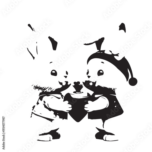 Two cartoon penguins sharing a toast in festive hats among a winter scene.