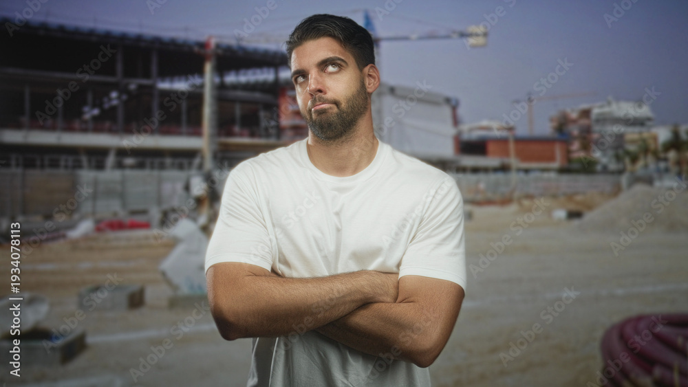 Fototapeta premium Man with beard and arms crossed in front of a partially built building at a construction site; skepticism resilience.
