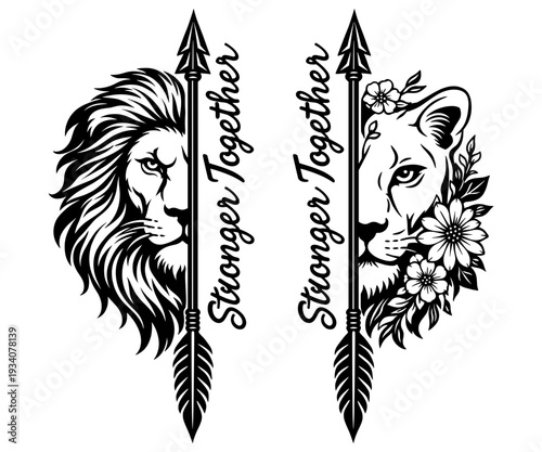 Stronger Together Lion And Lioness Couple Split Face Design With Arrow and Floral Elements, Romantic Power Wildlife Concept For Wedding And Couples