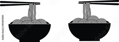 Minimalist black and white ramen noodle bowls with chopsticks vector illustration, symmetrical Japanese food concept design for restaurant branding and packaging