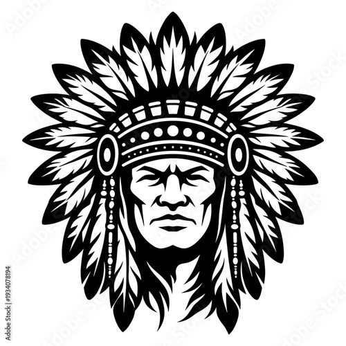 Native American Indian Chief Portrait Wearing Traditional Feather Headdress War Bonnet, Detailed Tribal Culture Mascot Design In Black and White